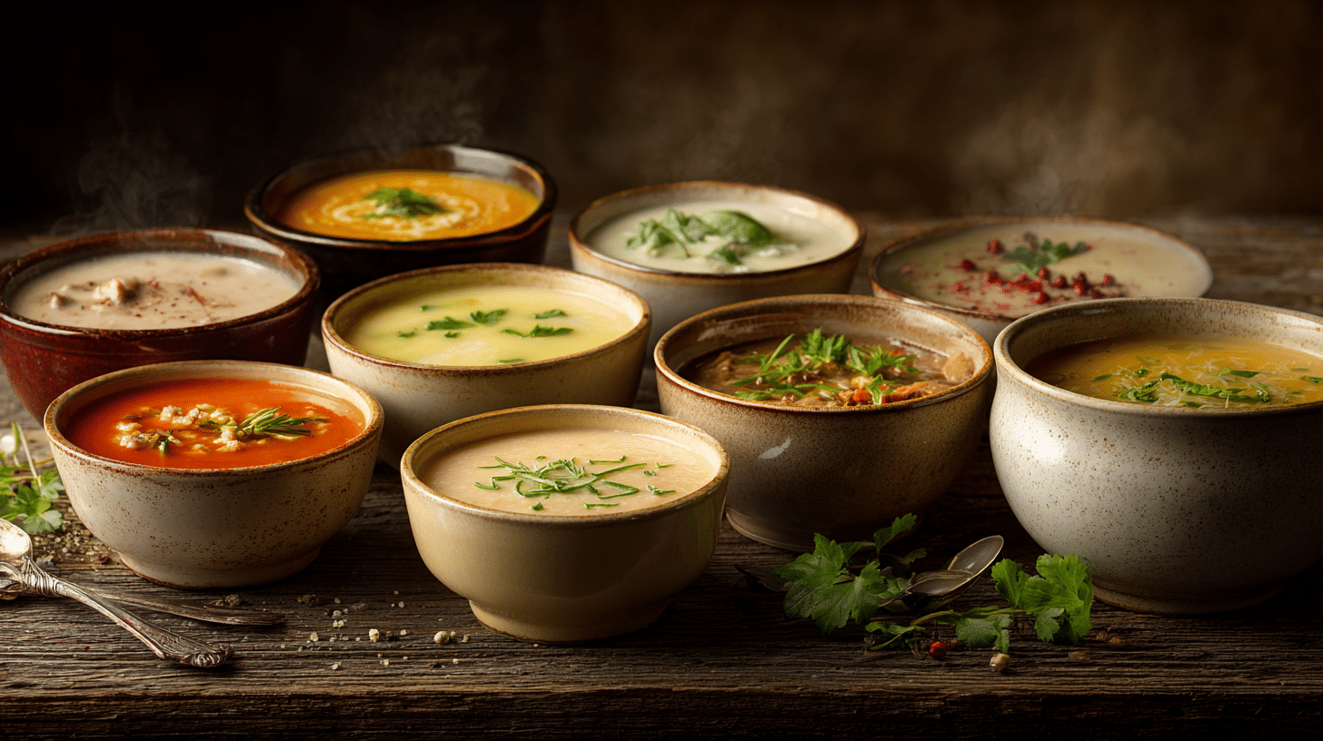 Übersicht von zehn verschiedenen Suppen in einzelnen Schalen, darunter Kartoffelsuppe, Linsensuppe, Kürbissuppe, Tomatensuppe und Gulaschsuppe, ideal für klassische Suppen Rezepte
