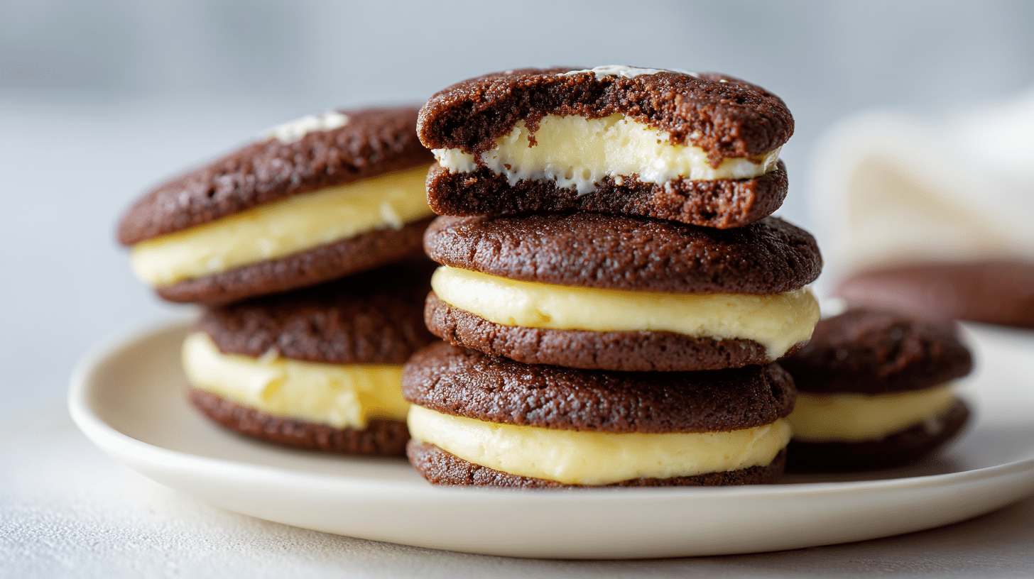 Schokoladen Cheesecake Cookies auf hellem Leinenhintergrund