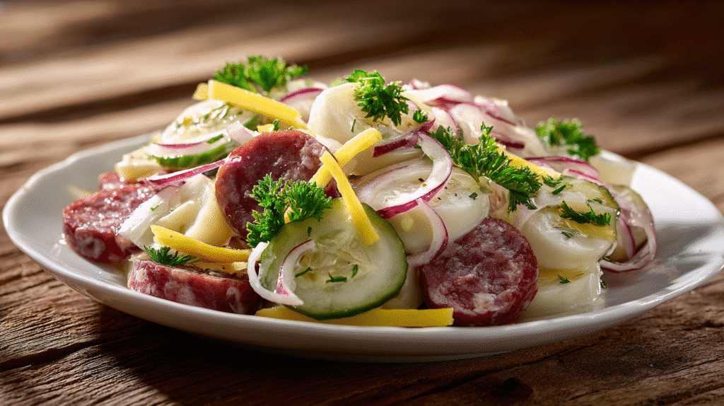 Wurstsalat mit Gurken, Zwiebeln und Käse auf weißem Teller