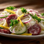 Wurstsalat mit Gurken, Zwiebeln und Käse auf weißem Teller