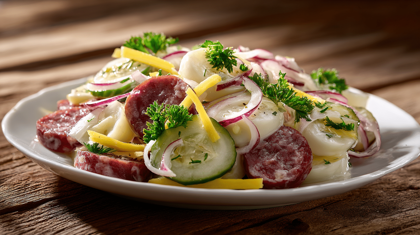 Wurstsalat mit Gurken, Zwiebeln und Käse auf weißem Teller