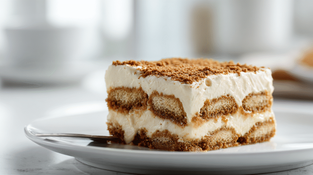 Biscoff Lotus Tiramisu close-up on a white plate