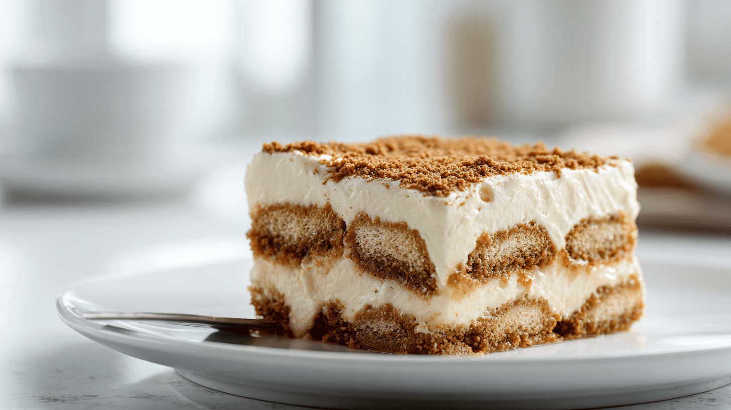 Biscoff Lotus Tiramisu close-up on a white plate