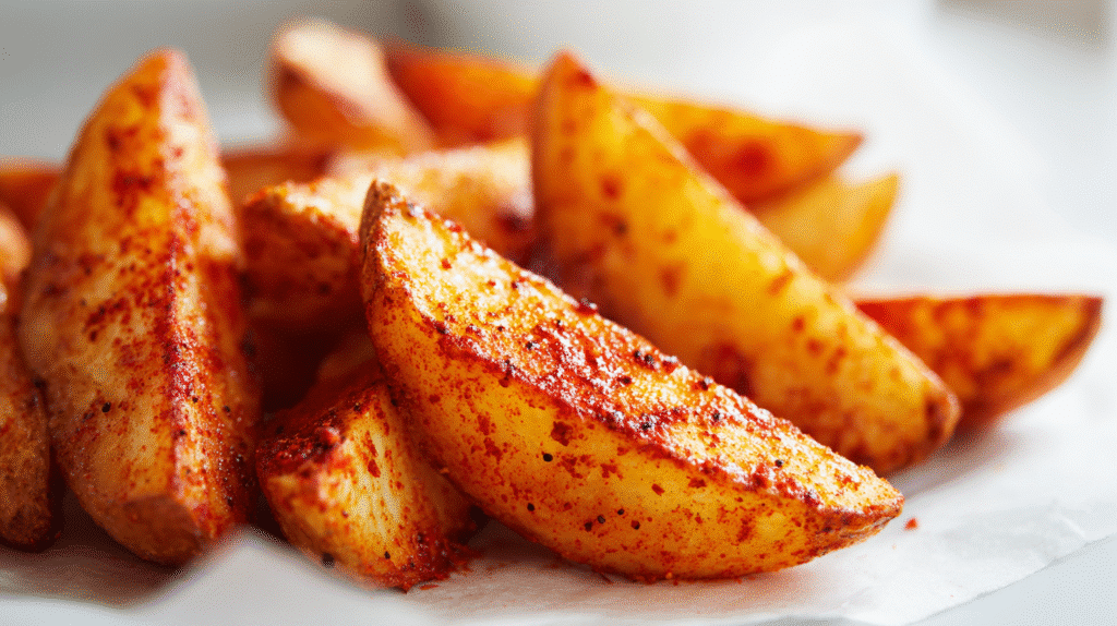 Airfryer Kartoffelspalten mit Paprika-Marinade in Nahaufnahme