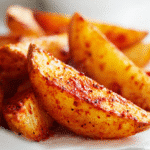 Airfryer Kartoffelspalten mit Paprika-Marinade in Nahaufnahme