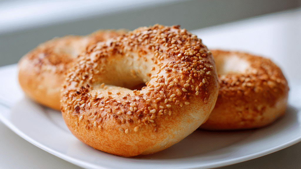 Frisch gebackene air fryer 2-Zutaten Bagels auf weißem Teller in heller Küche