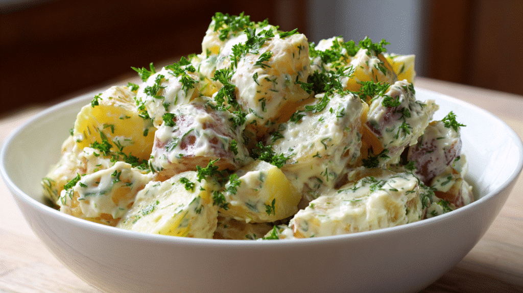 Cremiger Kartoffelsalat in einer weißen Schüssel, garniert mit Petersilie und Gurkenwürfeln.