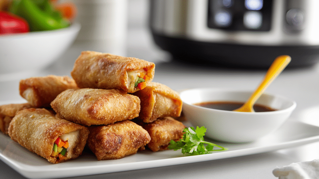 Servierte Air fryer Klassische Gemüse Frühlingsrollen mit Dip auf weißem Teller in heller Küche.