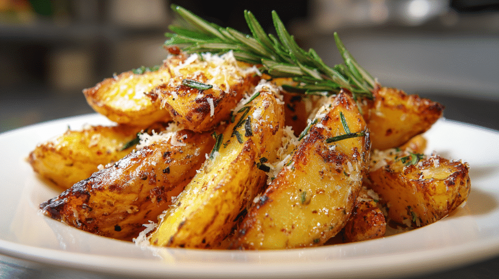 Knusprige Kartoffelspalten mit leicht geschmolzenem Käse und Rosmarin in heller Umgebung.