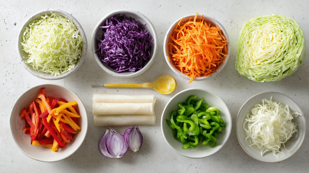 Zutaten für Air fryer Klassische Gemüse Frühlingsrollen ordentlich auf weißer Arbeitsfläche arrangiert.