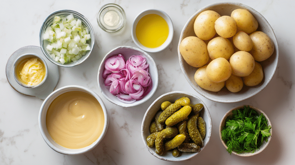 Zutaten für Kartoffelsalat, darunter Kartoffeln, Zwiebeln, Gurken, Petersilie, Senf, Brühe und Mayonnaise.