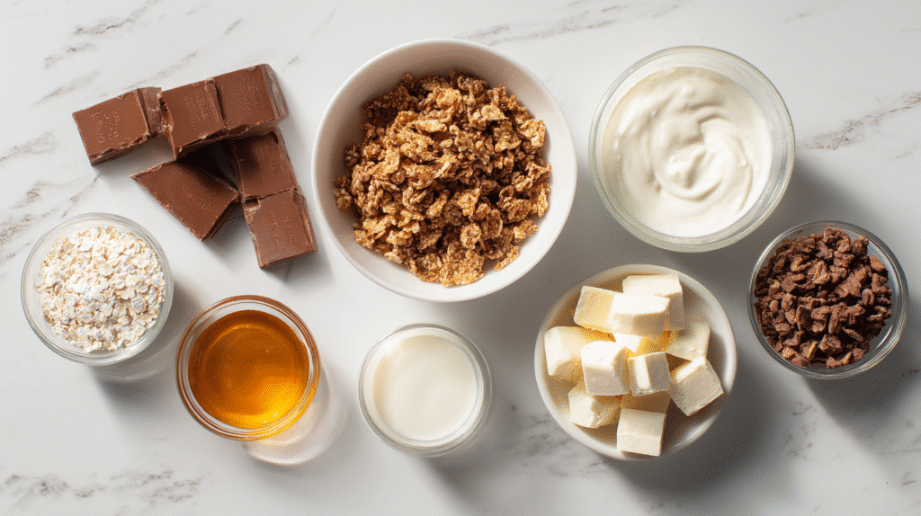 Zutaten für die Kinder-Country-Crunch-Bowl ordentlich angeordnet auf einer weißen Arbeitsfläche in Top-Down-Ansicht.