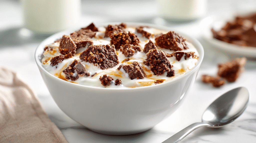 Cremige Kinder-Country-Crunch-Bowl in Nahaufnahme mit Schoko- und Getreide-Crunch, serviert in einer weißen Schüssel.