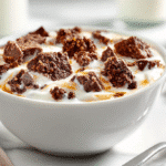 Cremige Kinder-Country-Crunch-Bowl in Nahaufnahme mit Schoko- und Getreide-Crunch, serviert in einer weißen Schüssel.