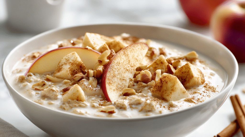 Herbstliche Kinder-Country-Crunch-Bowl mit Apfelstücken und einer Prise Zimt in Nahaufnahme.
