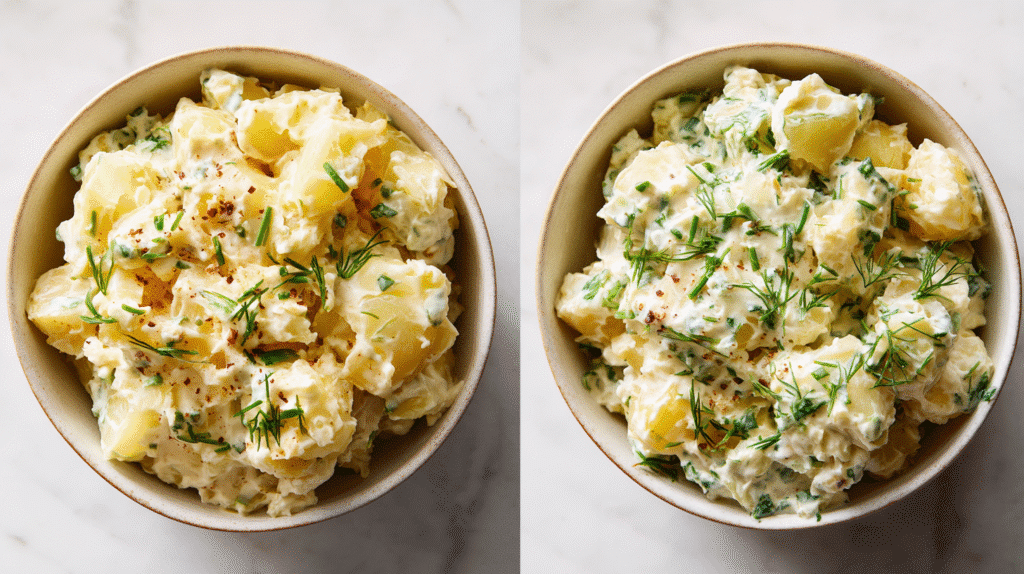 Drei Varianten von Kartoffelsalat in kleinen Schüsseln, cremig, leicht und kräuterfrisch.