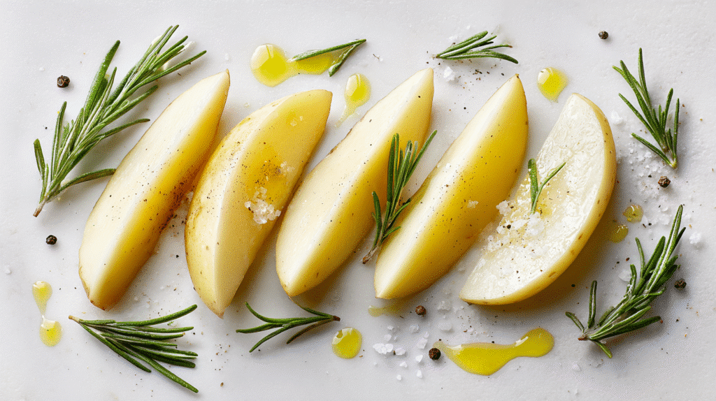 Rohe Kartoffelspalten und frischer Rosmarin als Zutaten für knusprige Airfryer Kartoffelspalten.