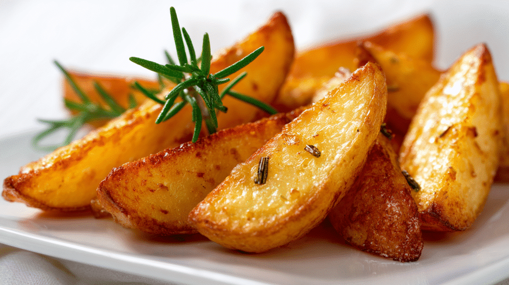 Knusprige Airfryer Kartoffelspalten mit Rosmarin, goldbraun und knusprig aus der Nähe fotografiert.