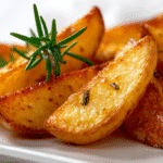 Knusprige Airfryer Kartoffelspalten mit Rosmarin, goldbraun und knusprig aus der Nähe fotografiert.
