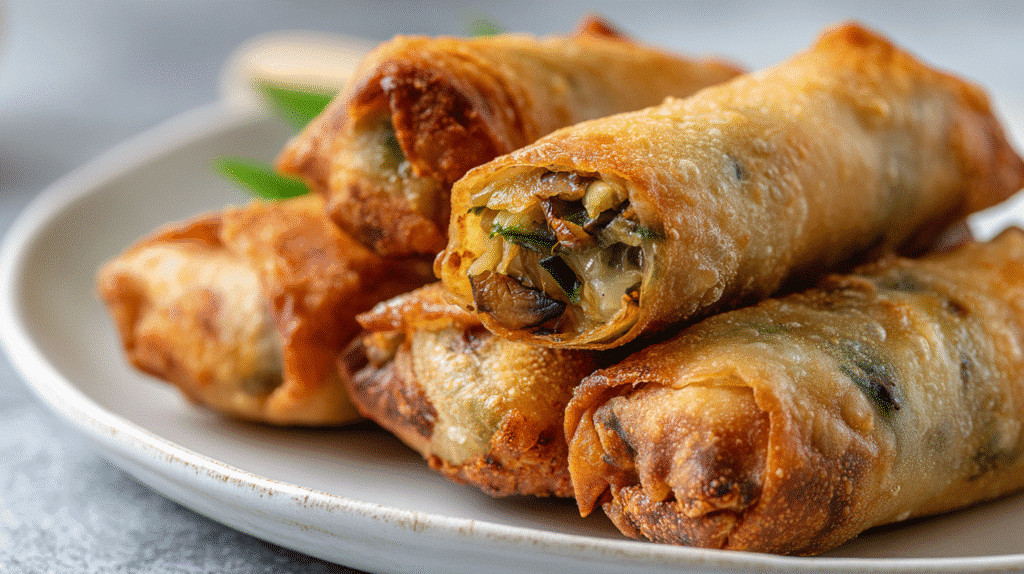 Air fryer Klassische Gemüse Frühlingsrollen in Nahaufnahme auf weißem Teller, knusprig und frisch.