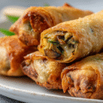 Air fryer Klassische Gemüse Frühlingsrollen in Nahaufnahme auf weißem Teller, knusprig und frisch.