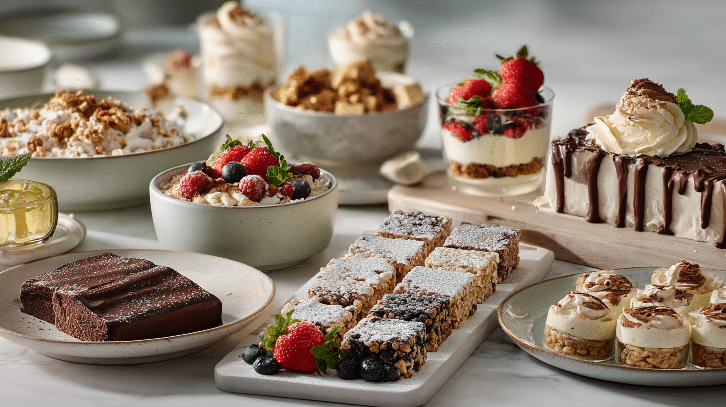 Große Dessert-Tafel mit zehn verschiedenen Desserts wie Tiramisu, Schoko-Reis-Squares, Erdbeer-Crumble, Frozen-Joghurt-Riegel, Zitronen-Cake-Bites, Cheesecake-Cups und Mille-Feuille in heller Küche