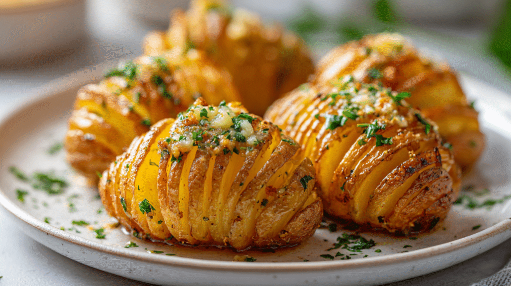 Servierte Air Fryer Hasselback Kartoffeln mit Knoblauchbutter und frischer Petersilie