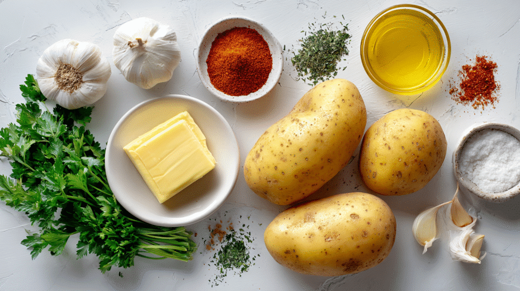 Zutaten für Air Fryer Hasselback Kartoffeln mit Knoblauchbutter – Kartoffeln, Butter, Knoblauch und Kräuter