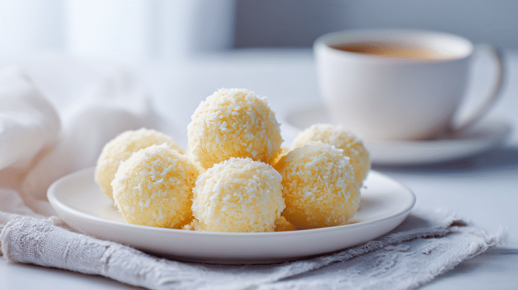 Käsekuchen Kugeln auf weißem Teller – cremiges Dessert