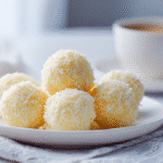 Käsekuchen Kugeln auf weißem Teller – cremiges Dessert