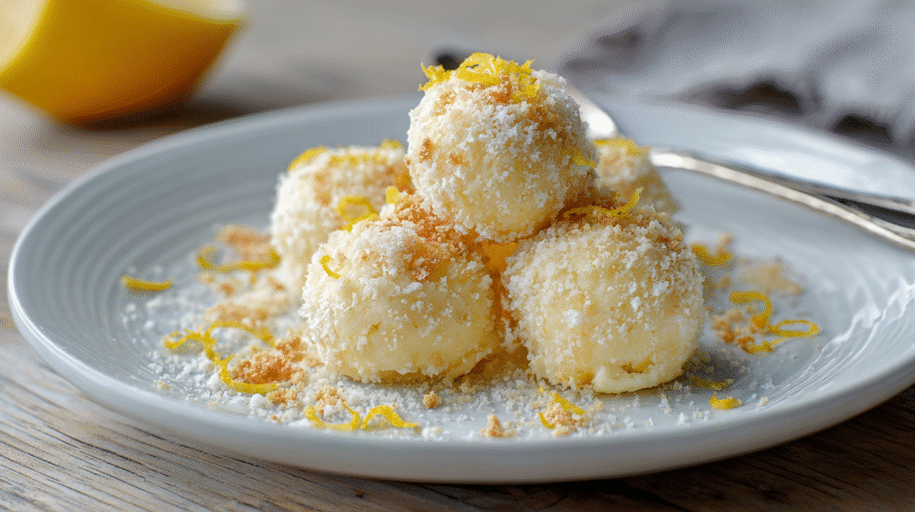 Servierte Käsekuchen Kugeln mit Zitronenzeste