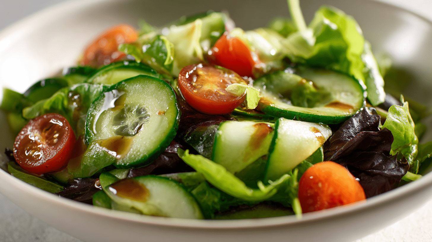 Frischer Vinaigrette Blattsalat mit Tomaten und Gurken