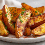 Air Fryer Smoky BBQ Kartoffelspalten auf Teller, knusprig und goldbraun