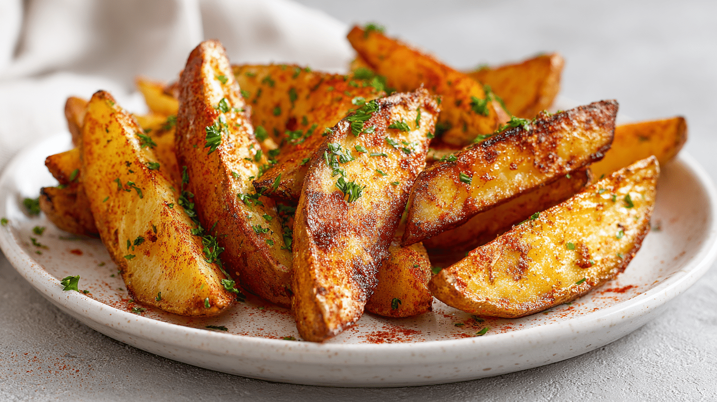 Air Fryer Smoky BBQ Kartoffelspalten auf Teller, knusprig und goldbraun