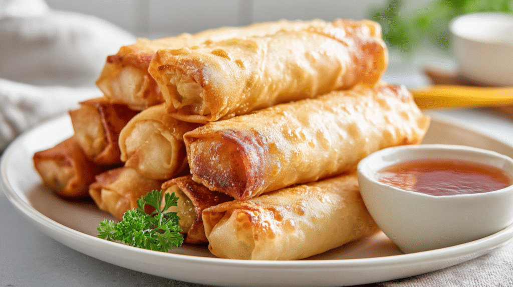 Servierte Air fryer Hähnchen Frühlingsrollen mit Dip