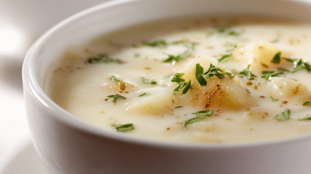 Cremige Kartoffelsuppe in einer weißen Schale aus der Nähe fotografiert.