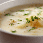 Cremige Kartoffelsuppe in einer weißen Schale aus der Nähe fotografiert.