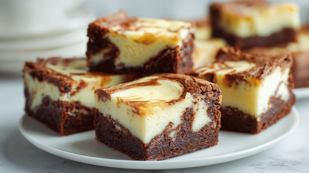 Frischkäse Brownies mit cremiger Cheesecake-Marmorierung auf weißem Teller