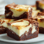 Frischkäse Brownies mit cremiger Cheesecake-Marmorierung auf weißem Teller