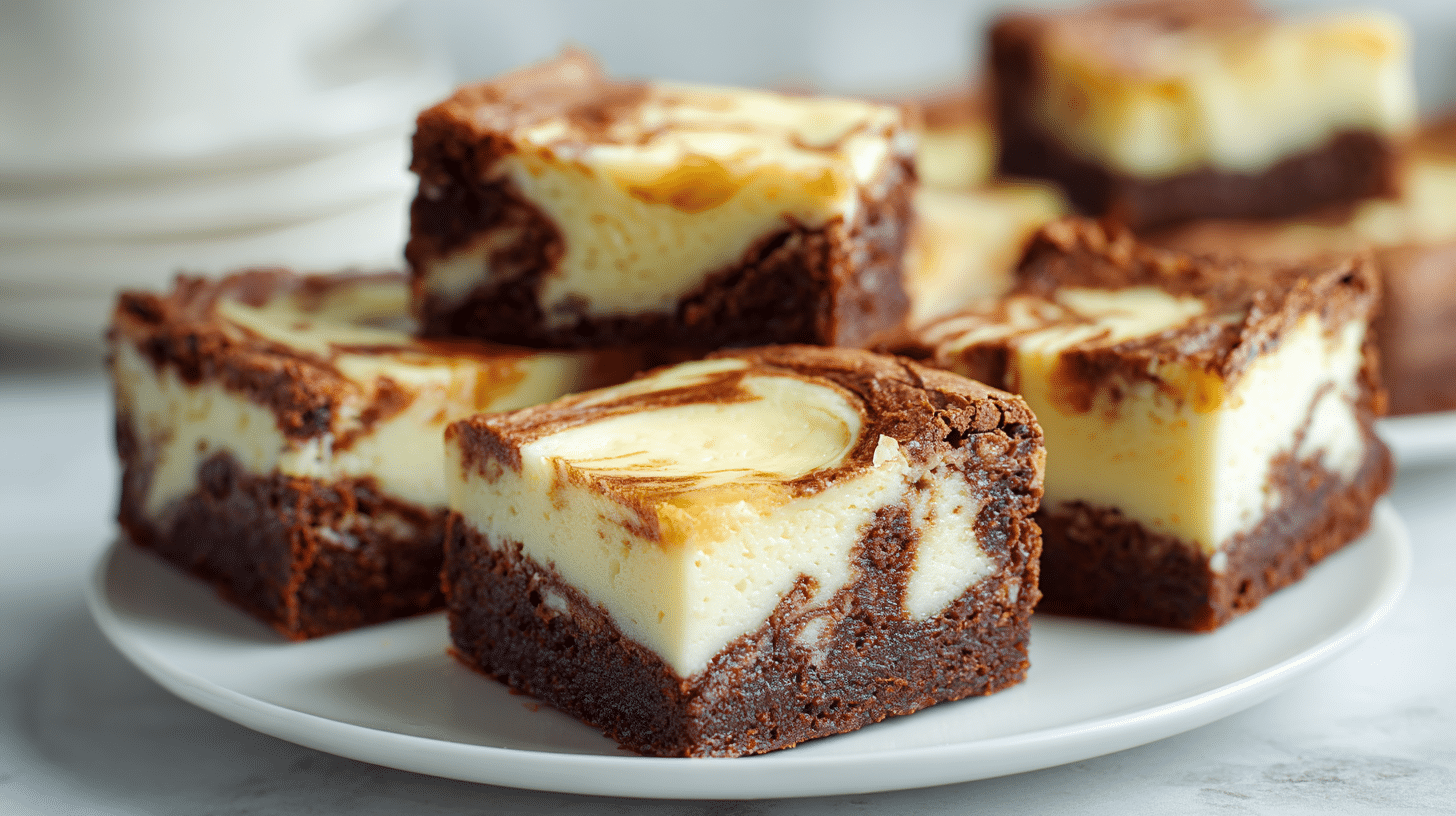 Frischkäse Brownies mit cremiger Cheesecake-Marmorierung auf weißem Teller