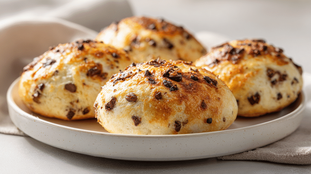 Frisch gebackene air fryer Schoko Brötchen mit Quark auf weißem Teller in heller Küche