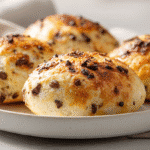 Frisch gebackene air fryer Schoko Brötchen mit Quark auf weißem Teller in heller Küche