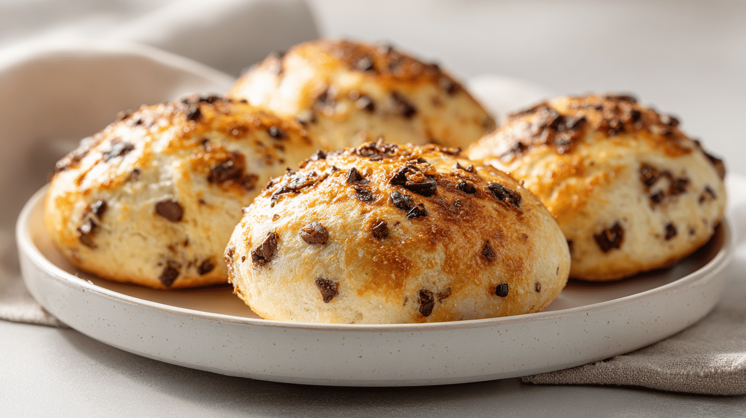 Frisch gebackene air fryer Schoko Brötchen mit Quark auf weißem Teller in heller Küche