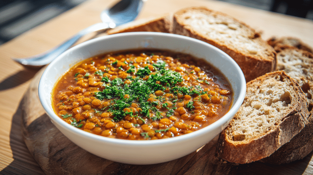 Linsensuppe mit Petersilie auf hellem Holztisch serviert