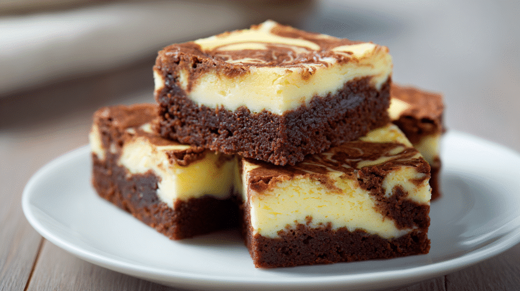 Frischkäse Brownies auf weißem Teller serviert