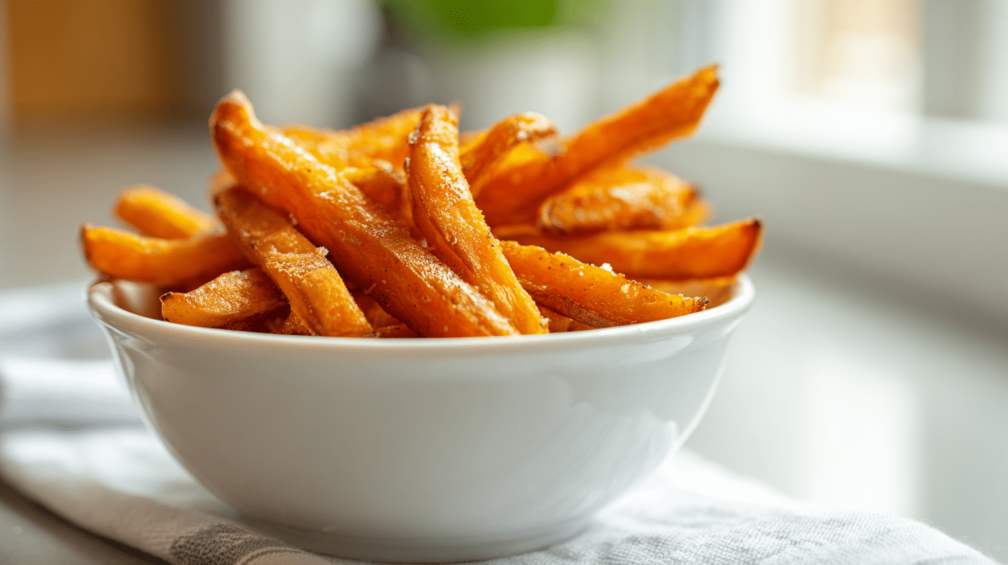 Air Fryer Klassische Süßkartoffel-Pommes serviert in heller Schüssel