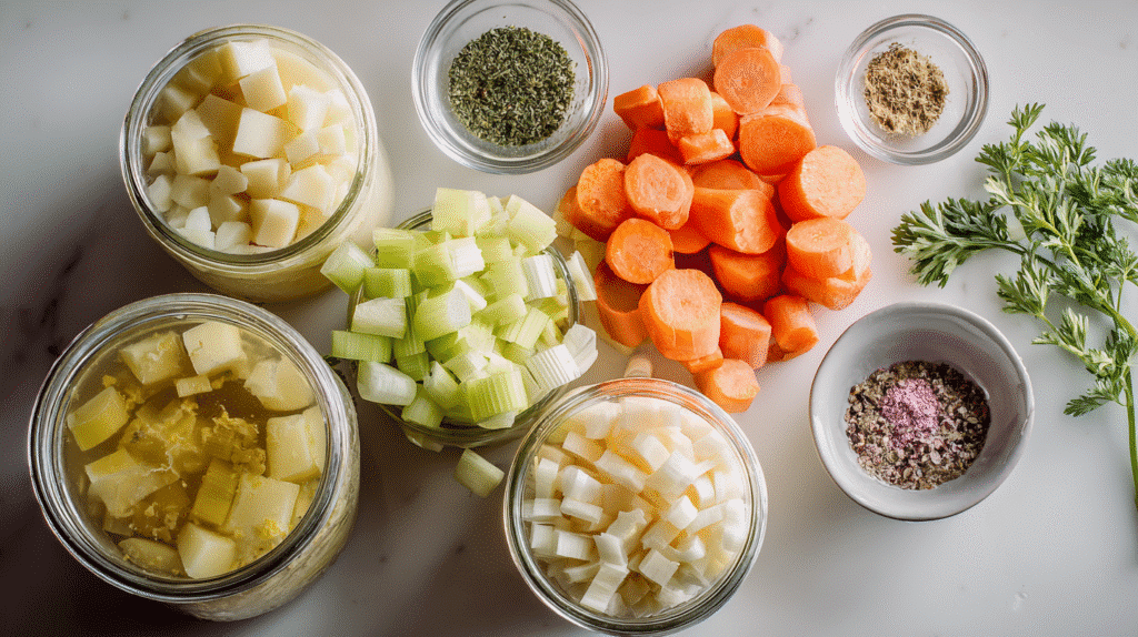 Kartoffeln, Karotten, Lauch und Gewürze hell arrangiert auf weißem Untergrund.