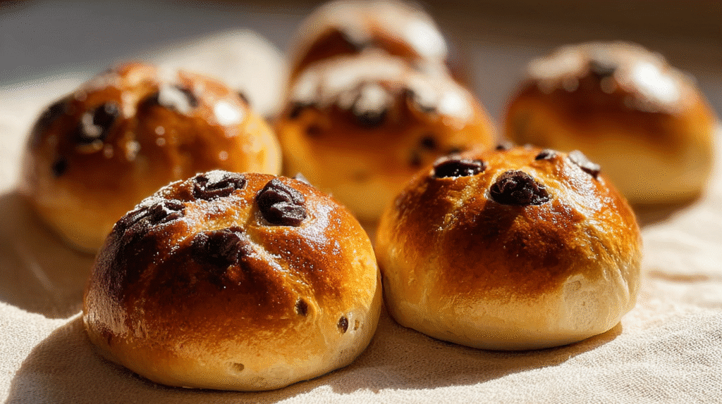 Goldbraun gebackene Schokobrötchen mit glänzender Oberfläche auf hellem Stoff serviert