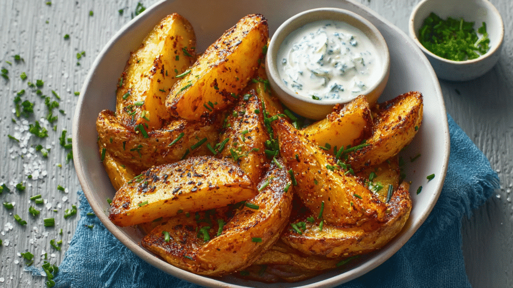 Knusprige Kartoffelspalten aus der Heißluftfritteuse in einer Schüssel, goldbraun gebacken und mit frischen Kräutern bestreut