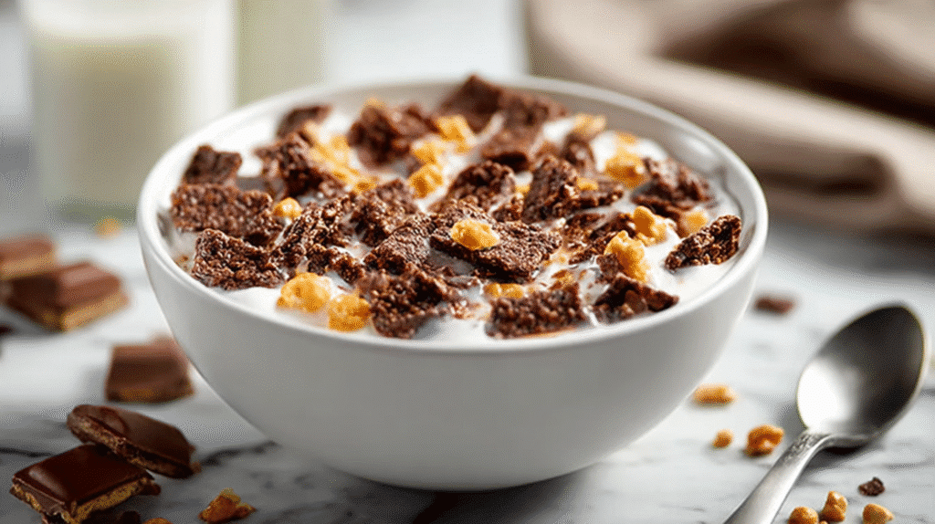 Cremige Dessert-Bowl mit Joghurt, knusprigen Schoko-Crunch-Stücken und feinem Karamell-Topping, ein Beispiel für einfache Desserts